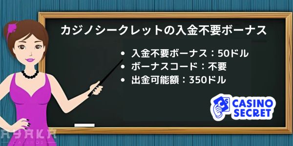 カジノシークレットの入金不要ボーナス　50ドル