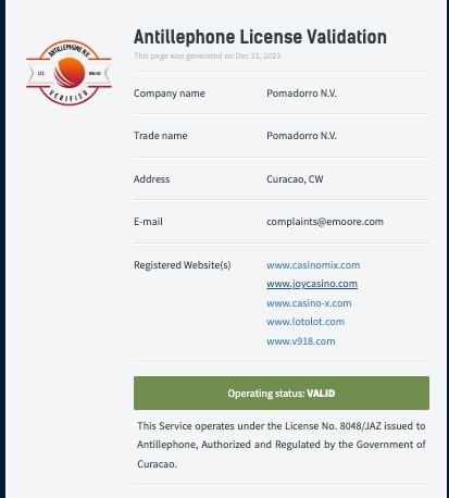 ジョイカジノライセンスjoycasino